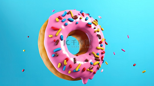 彩色飞行甜甜圈或甜甜圈隔离在背景 3D 渲染