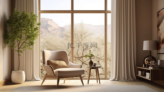 客厅里的米色扶手椅和咖啡桌，配有面向自然的大窗户 3D 渲染