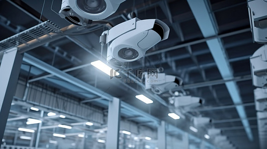 工控安全背景图片_闭路电视摄像机的工厂监控 3D 渲染