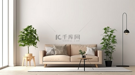 现代生活空间配有舒适的沙发木桌高科技 VR 眼镜和海报模型 3D 插图