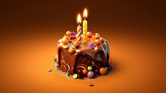 带有照明蜡烛的节日生日蛋糕的 3D 渲染