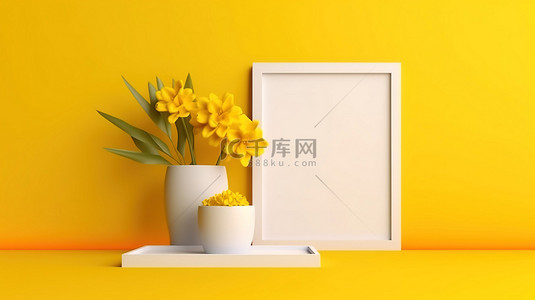 活泼的黄色背景框架上的一对空图片卡，带有文本 3D 渲染插图的空间
