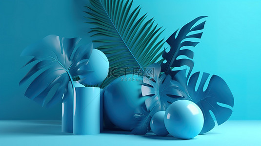明亮的夏日概念 3d 渲染极简主义蓝色抽象背景