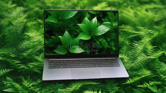 孤立在绿叶背景下的当代笔记本电脑的 3D 插图