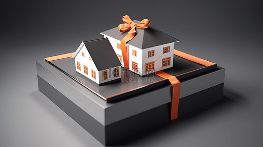 小礼品样机背景图片_房地产概念以 3D 渲染呈现的礼品盒中的房子