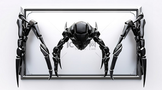 白色背景的 3D 渲染，镀铬机器人爪在黑色框架中持有空白海报，用于青年设计