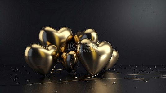 3D渲染心形金色气球的水平横幅在黑色混凝土背景下庆祝欢乐的新年
