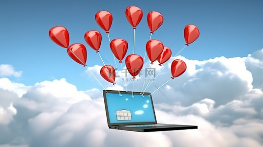 笔记本电脑信用卡气球和 wi fi 符号在多云背景下的 3d 渲染