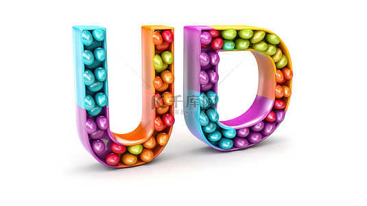 彩虹糖果背景图片_节日彩虹糖果的 3D 插图，形状像白色背景上孤立的字母 u