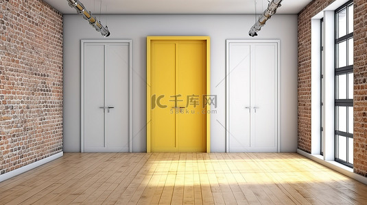 阁楼环境中黄砖墙和现代白门木地板的 3D 渲染