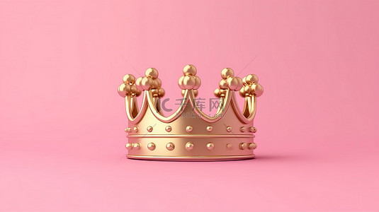 粉红色背景上胜利的金冠代表成功和成就 3D 渲染豪华装饰