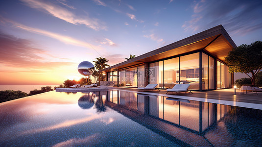 水上乐园房子背景图片_别墅外观设计中豪华无边泳池周围令人惊叹的日出景观的 3D 渲染
