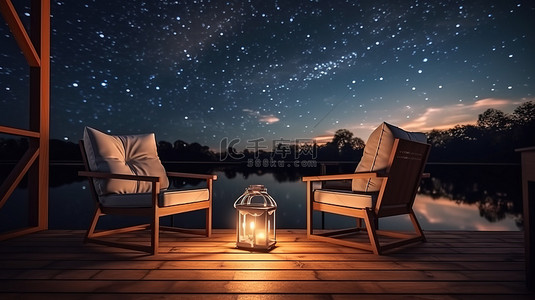 放松放松背景图片_星空下河畔甲板上的扶手椅和咖啡桌的晚间放松 3D 插图