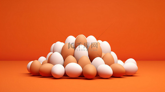 橙色背景下孤立的白色和棕色鸡蛋的 3D 插图