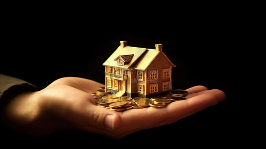 房地产投资背景图片_房地产投资代理人在持有房屋 3D 插图的同时收到客户的金币