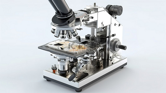 显微镜主图背景图片_显微镜或光学仪器的白色背景 3D 渲染