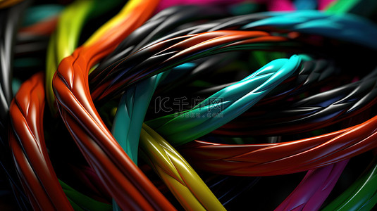 黑色背景 3D 抽象设计中的彩色绞合电缆，具有模糊效果