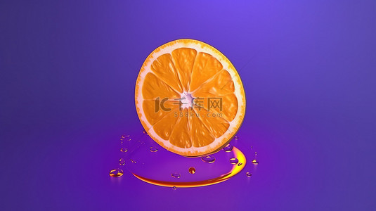 孤立的橙色切片漂浮在充满活力的紫色背景上，夏季水果的 3D 渲染图像