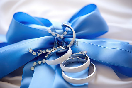枕头上背景图片_蓝色婚礼丝带，枕头上有戒指