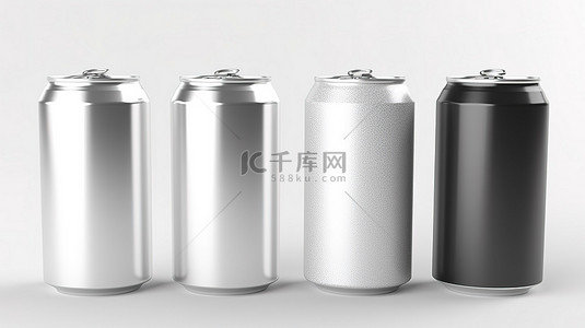 能量食品背景图片_白色背景，带有 3D 渲染的一组空铝罐，上面装饰着水滴