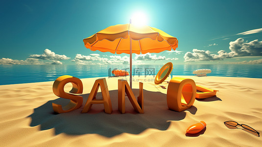 海滩岛度假胜地 3d 文本“夏季”，带有突出的海滩配饰渲染