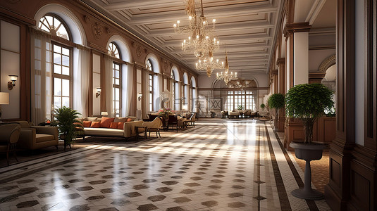 令人惊叹的酒店大堂室内设计，具有永恒的触感 3D 可视化