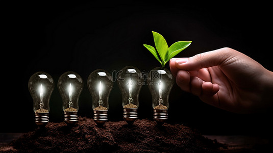 成长目标背景图片_创新业务增长 3d 手水灯泡厂在不断增长的条形图上