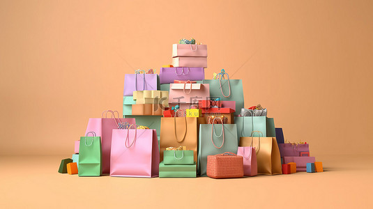 美女不穿任何衣服背景图片_3D 渲染的购物横幅充满活力的购物袋和礼品盒