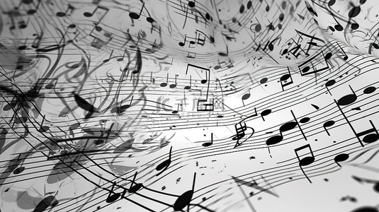 音符蓝色音符背景图片_简单卡通设计的 3D 插图，在黑白乐谱背景上绘制注释