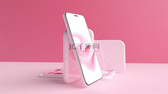 白色智能手机，在粉红色背景下以 3D 渲染全屏插图