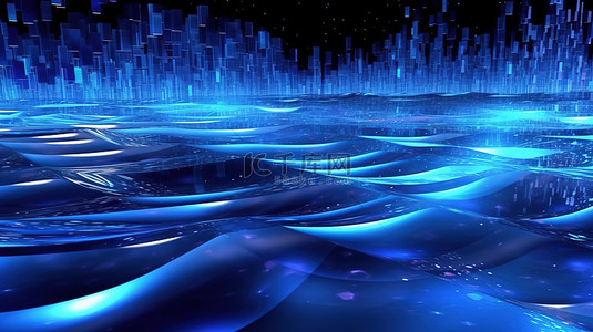 蓝色科技感电脑背景图片_未来派蓝色波浪背景与抽象 3D 渲染中的网络技术元素