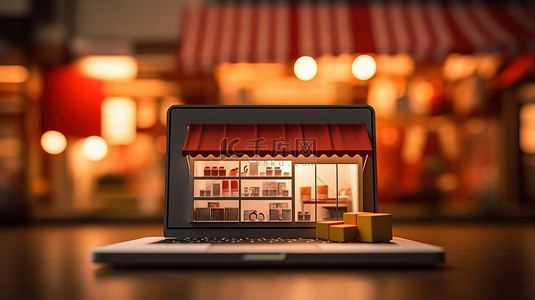 笔记本电脑屏幕在 3D 背景下展示在线电子商务商店和数字营销策略