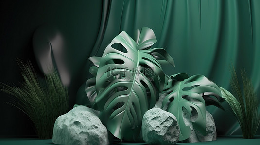 3D 渲染中具有抽象 Monstera 岩石背景的化妆品展示台