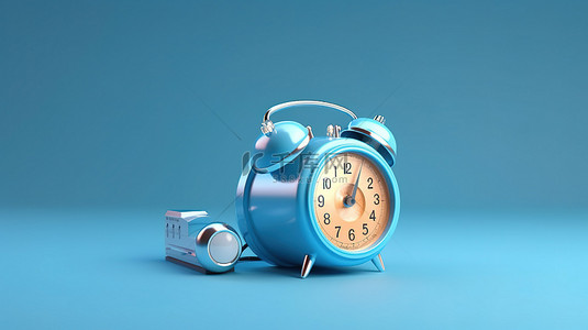 时间音乐背景图片_蓝色闹钟的未来主义描绘，配有耳机 3D 渲染