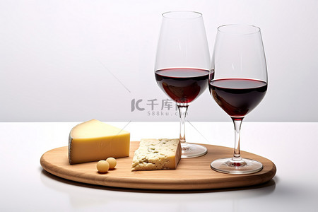 乳制品背景背景图片_白色背景中的两个白葡萄酒杯和一块奶酪板