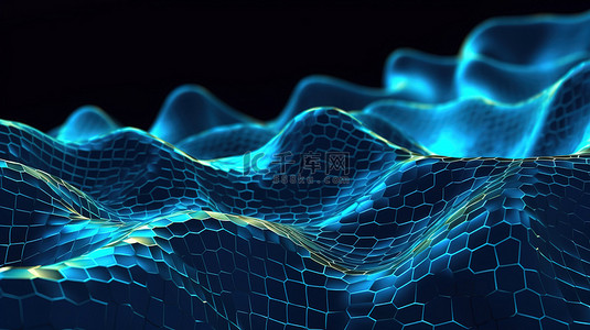 蓝色科技感背景图片_创新的区块链波图数字抽象背景展示先进的数据网格表面技术和互联网网络