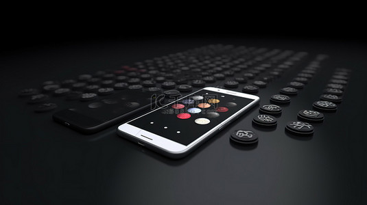 白色屏幕和黑色背景地板上 3d 渲染中的移动应用程序按钮