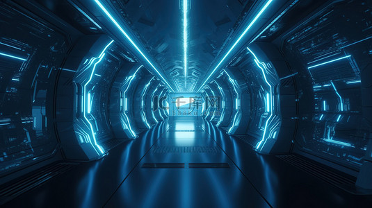 科幻设计背景图片_未来派蓝色走廊科幻小说启发 3d 渲染背景