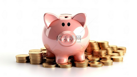 小猪储钱罐背景图片_白色背景 3D 渲染的储钱罐充满硬币堆