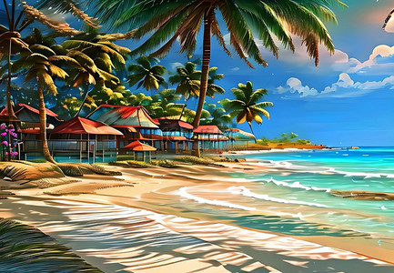 夏天度假沙滩背景图片_海滩椰子树度假村风景