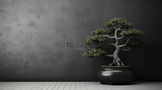 日本模板背景图片_简约房间，盆景树盆栽黑色石膏墙模板设计 3D 渲染和插图