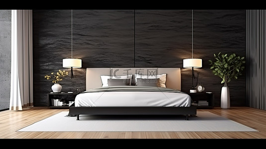 丰富的生活背景图片_时尚时尚的 3D 渲染现代卧室白色织物床丰富的木地板和大胆的黑色墙壁纹理