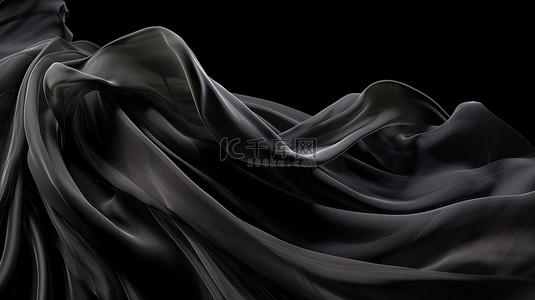 黑色背景 3D 渲染中孤立地翻腾的深色布