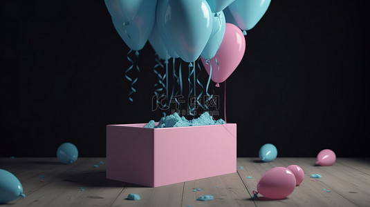 性别揭示概念粉红色和蓝色气球从 3d 渲染中的礼物中出现