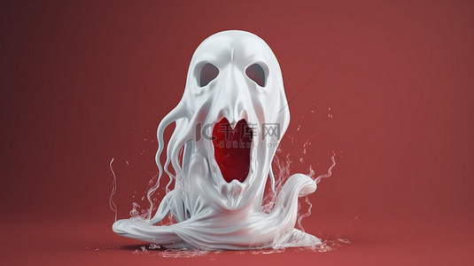 万圣节装饰 3D 可怕的白色幽灵，插图中漂浮着獠牙和红角