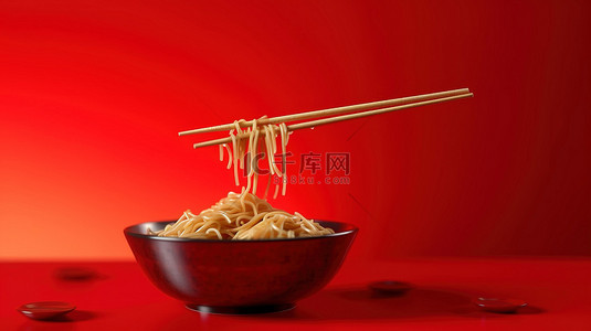 充满活力的红色背景上飞行的筷子和面条的 3D 渲染