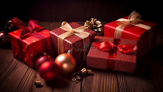 红色的丝带边框背景图片_圣诞节礼物球体