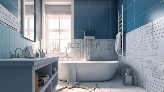 浴室的 3d 渲染是根据蓝图抵押表格和能源效率图表建造的