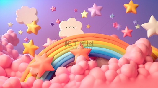 3D 渲染的卡通天空与粉红色的云彩和彩虹星星涂鸦风格