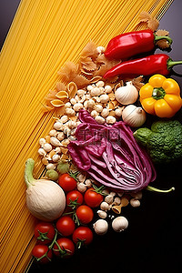 意大利法背景图片_桌面上摆满了蔬菜和面条